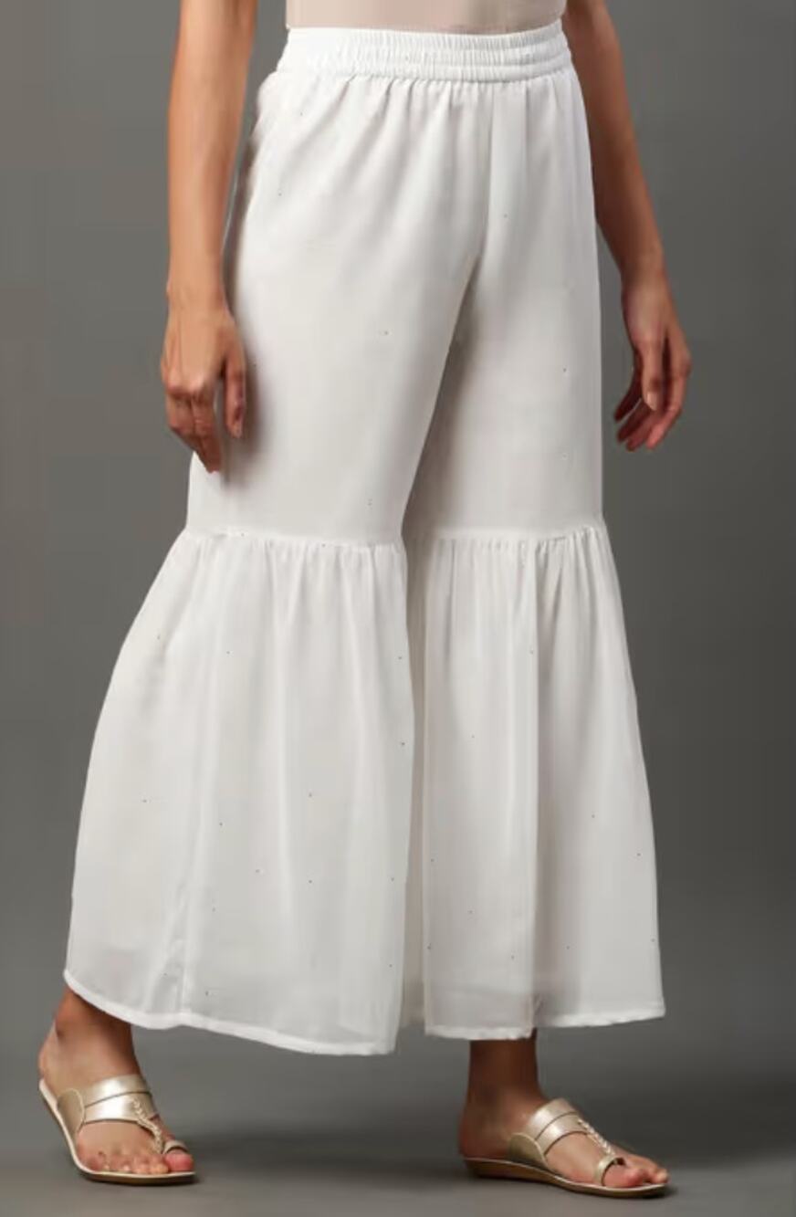 White Chiffon Gharara Pants - Tiered Flared Palazzos - Size 48 NWOT